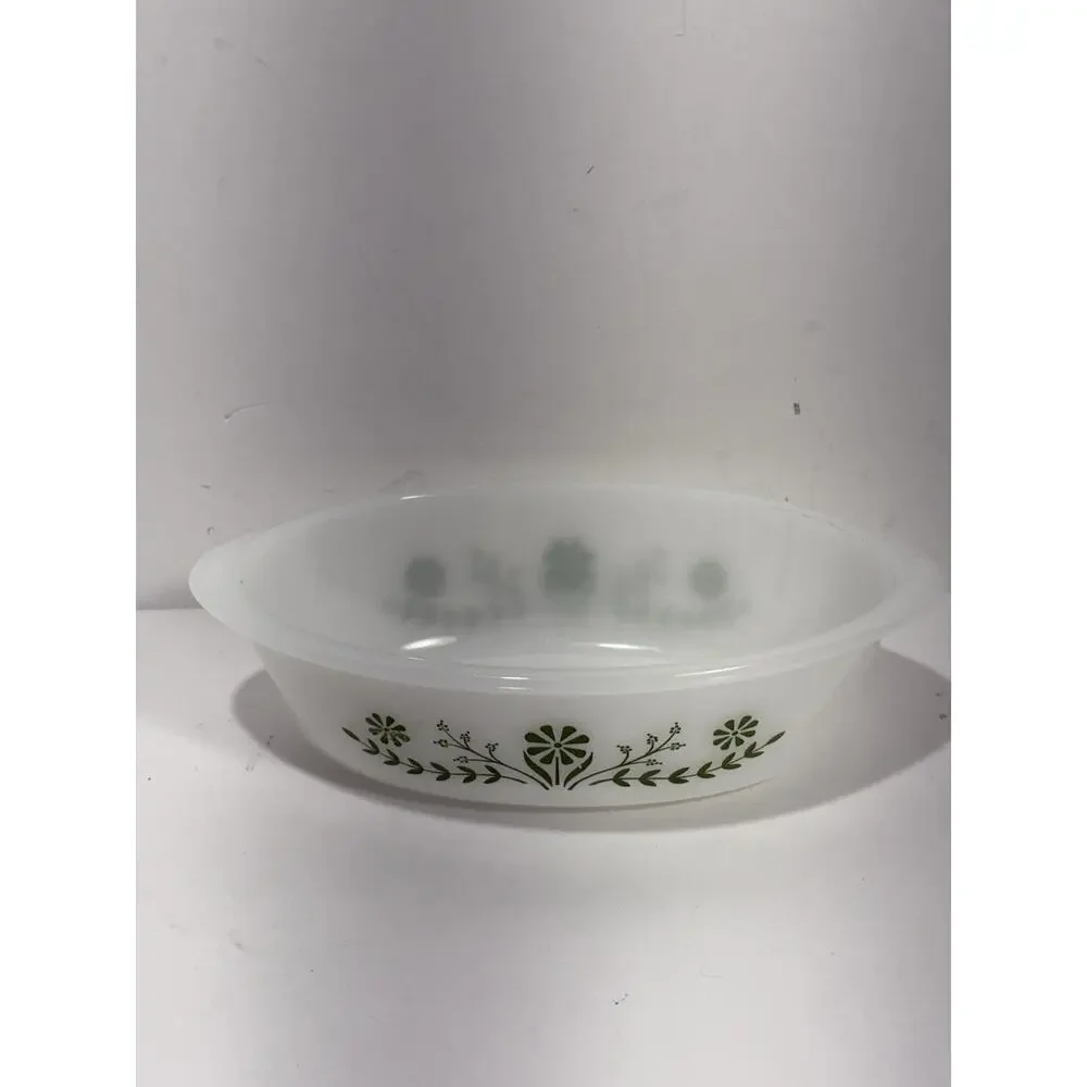 Vintage Glasbake Oval Casserole‎ Dish J235 1 QT Green Daisy Milk Glass